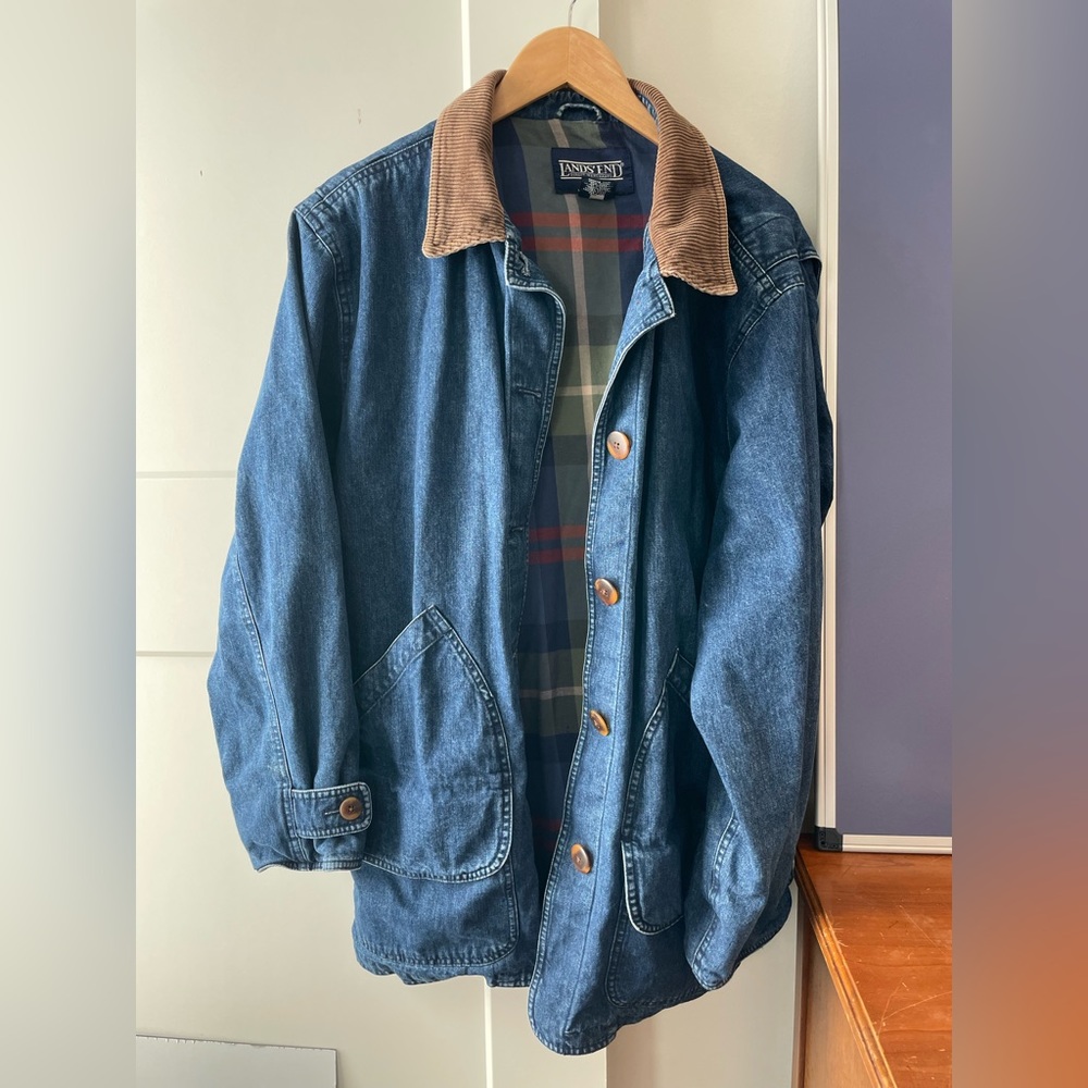 Lands End Denim Barn Jacket Womens XL with Flannel Lining and Corduroy Accents